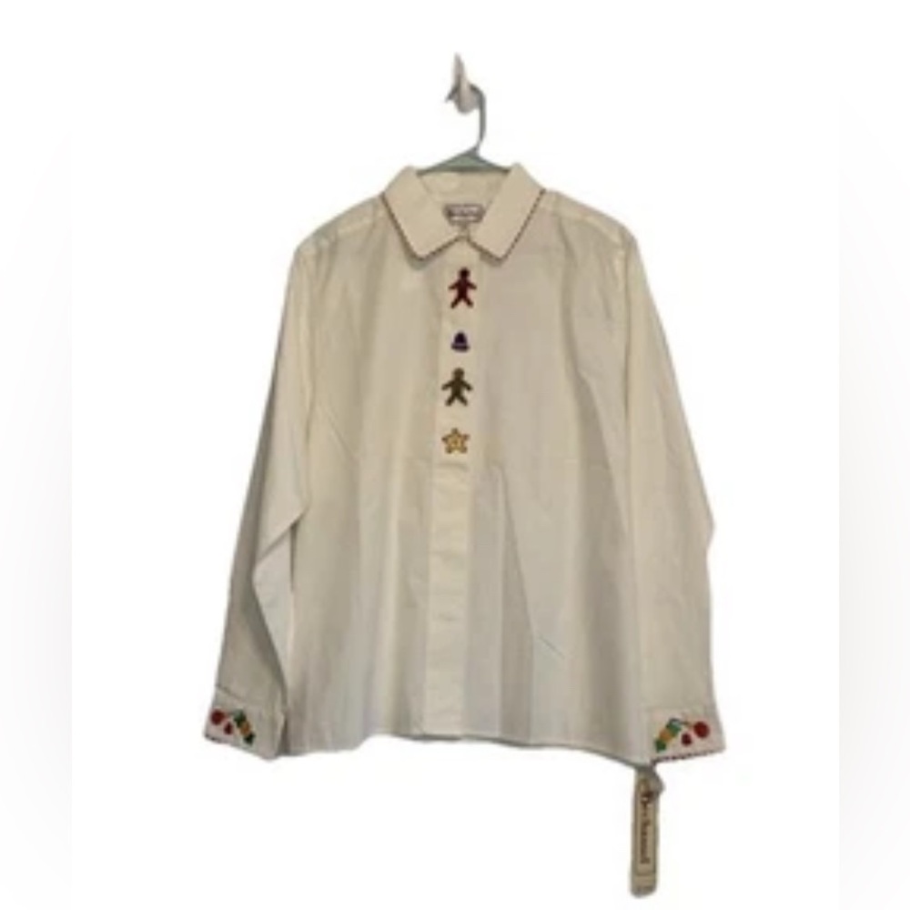 Vintage Bechamel Women Sz 14 Christmas Embroidered Deadstock Long Sleeved White